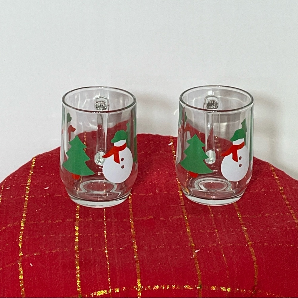 Luminarc Snowman Christmas Trees drinking/glass Coffee Cup Set Of 2 Vintage USA